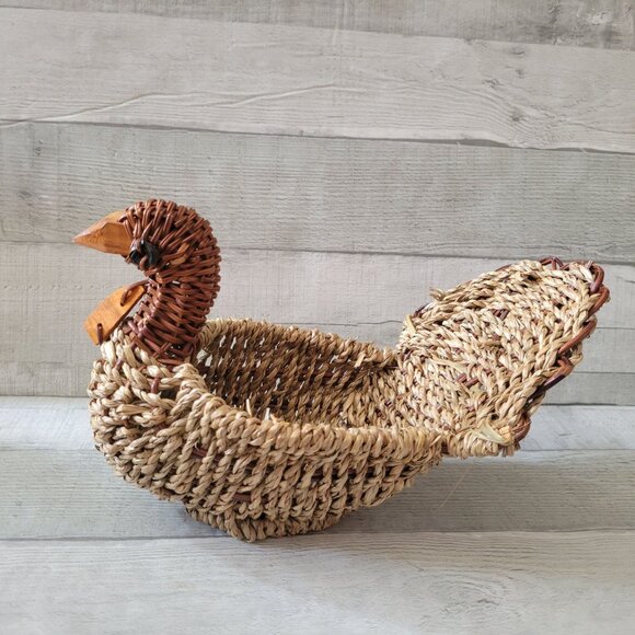 Handwoven Wicker Duck Basket Decorative Storage Piece With Natural & Brown Accen - Picture 1 of 7
